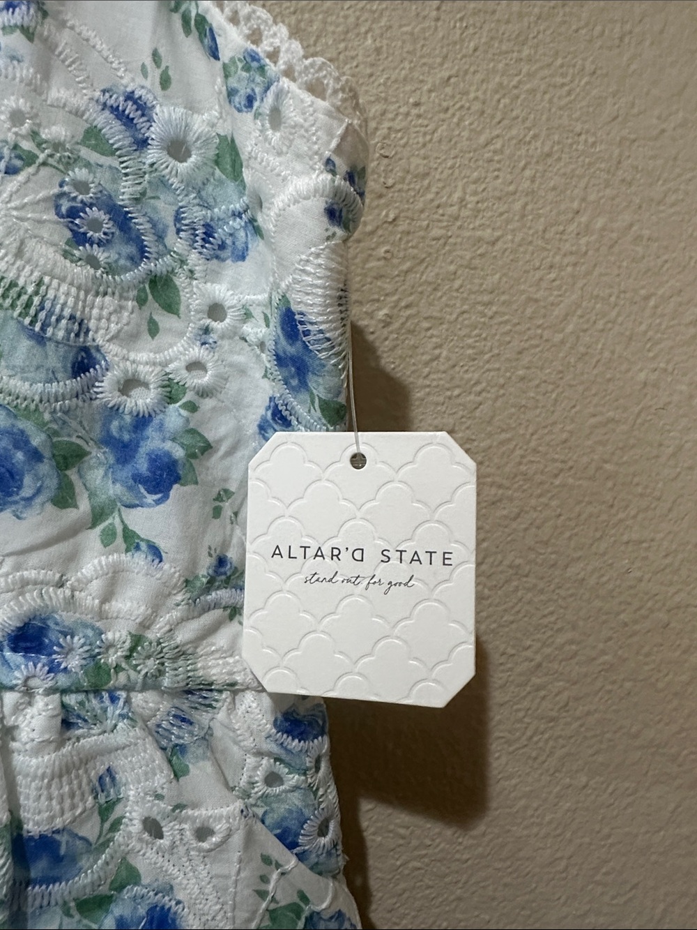 Altar'd State White Eyelet Dress with Blue and Green Floral Print - Picture 2 of 4